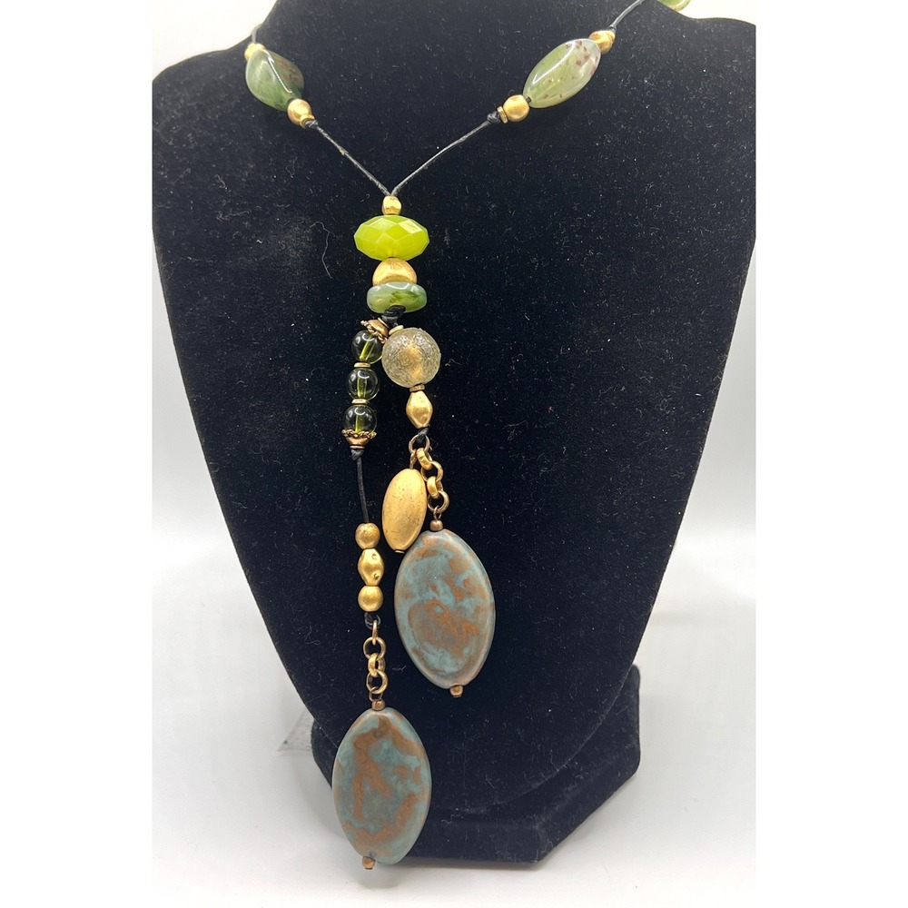 Chico's Green Stone Drop Necklace Boho Artisan 28" + 6" Statement‎